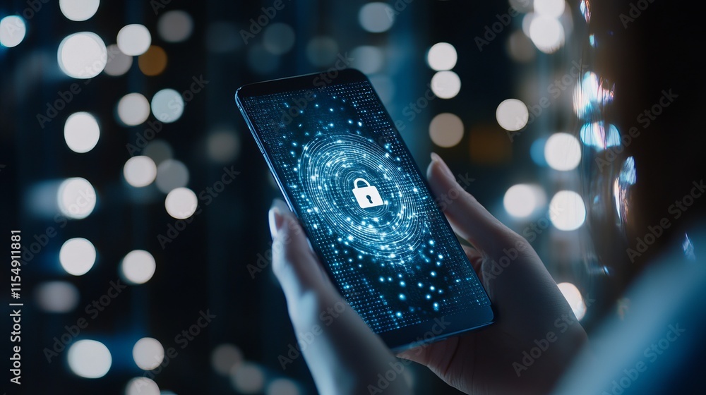 Poster cybersecurity and privacy concept with a lock icon on a virtual screen businesswoman safeguarding pe