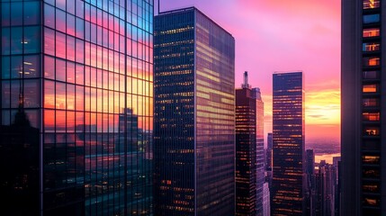 Sunset view of skyscrapers reflecting vibrant colors in an urban landscape.