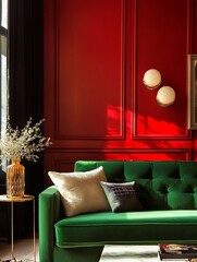 Green Velvet Sofa in a Red Walled Room