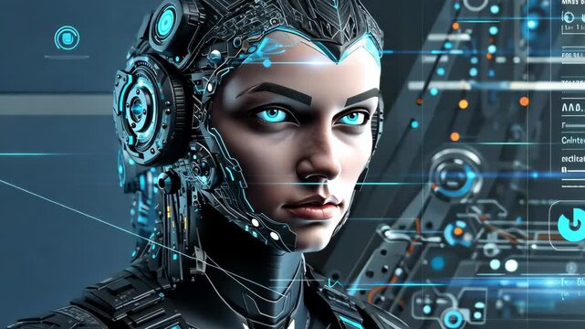 Cybernetic Woman: Futuristic portrait of a woman with a cybernetic body, showcasing the potential of technology and the evolution of humanity.