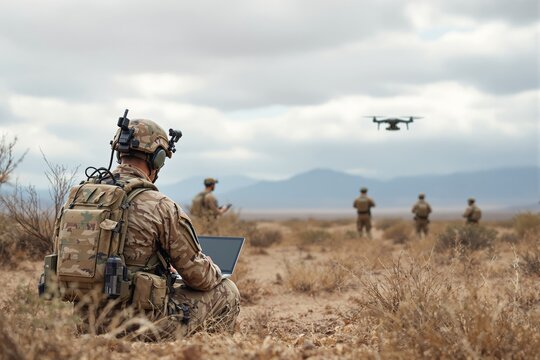 Military personnel operating drone technology in desert terrain under cloudy skies.