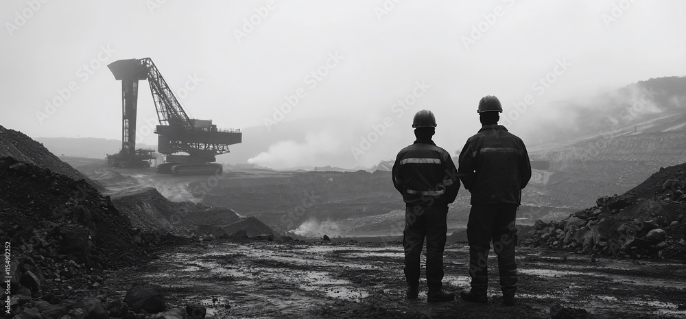 Poster two workers observe a mining site with heavy machinery in a misty landscape.