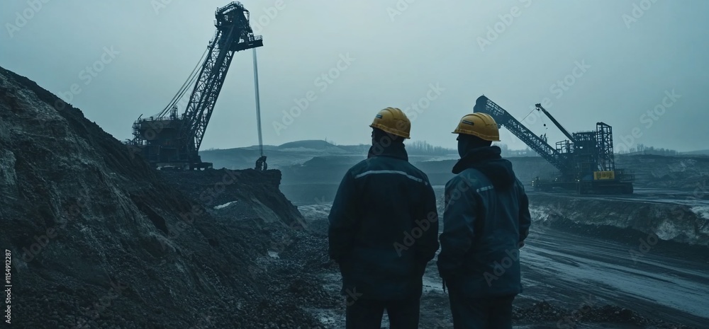 Poster two workers observe machinery at a coal mining site under a gray sky.