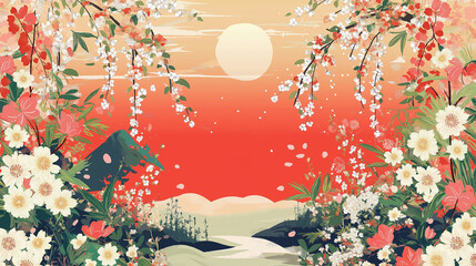 和風デザイン｜満開の桜と富士山が映える春の夕景イラスト