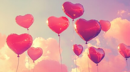 Heart Balloons Soar in Sunset Sky - Romantic Valentine's Day