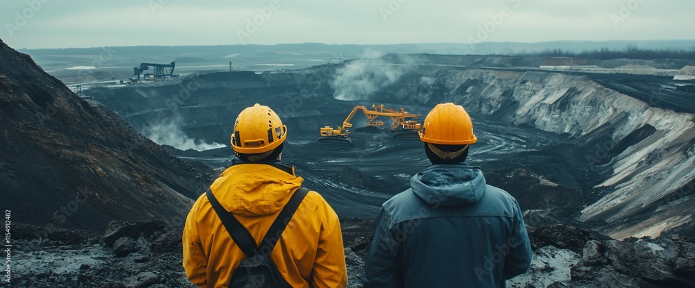 Poster two workers observe a large mining operation in a vast, industrial landscape.