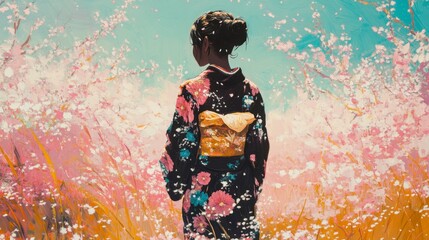 Fototapeta premium Contemplative Asian Woman in Kimono, Cherry Blossom Field