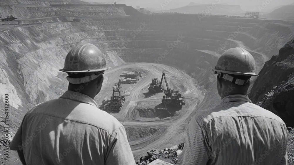 Poster two workers observe a large mining operation in a quarry.