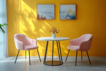 Set of four chairs with pink legs and white circular tabletop, modern home interior with light gray floor, yellow walls, and decorative paintings.