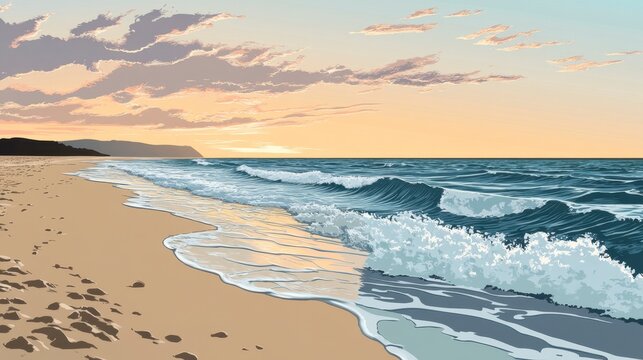 Serene Sunset Beach Scene: Tranquil Ocean Waves Rolling Ashore