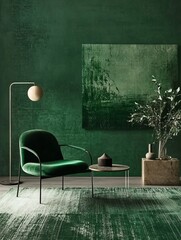 Green Room Interior Design with Velvet Chair and Artwork