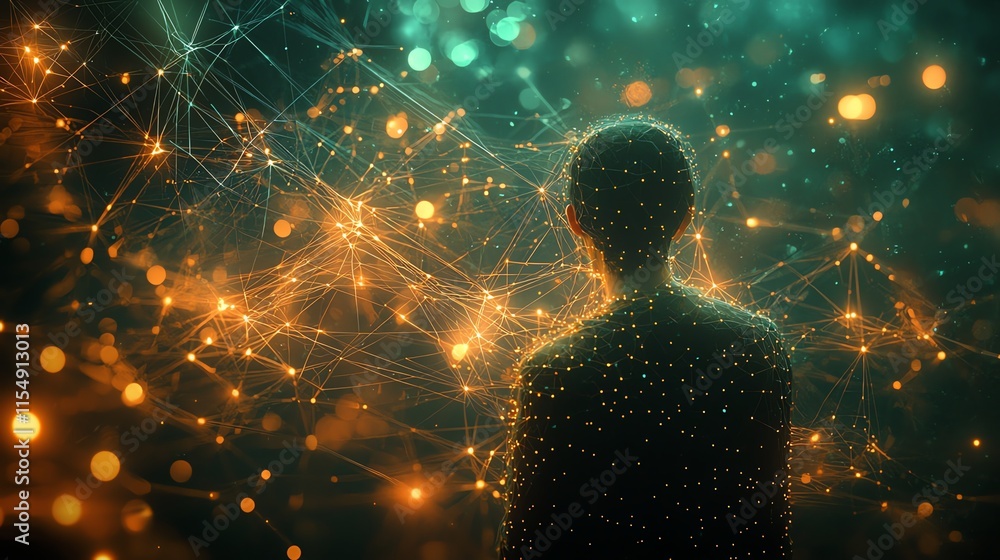 Poster person surrounded by glowing digital network, visualizing data connections and technology.