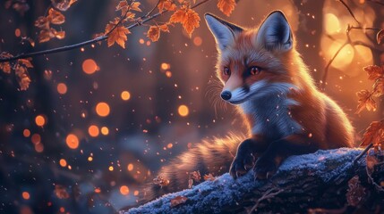 Red Fox Resting on Snowy Branch, Autumn Forest, Magical Glow