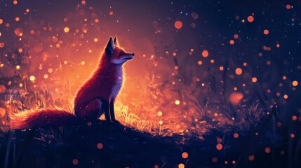 Magical Fireflies & Red Fox in Enchanting Night Forest