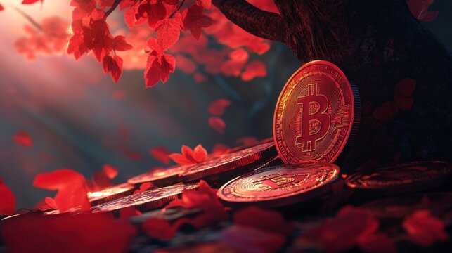 Golden Bitcoin in Autumnal Forest - Crypto Autumn Fantasy