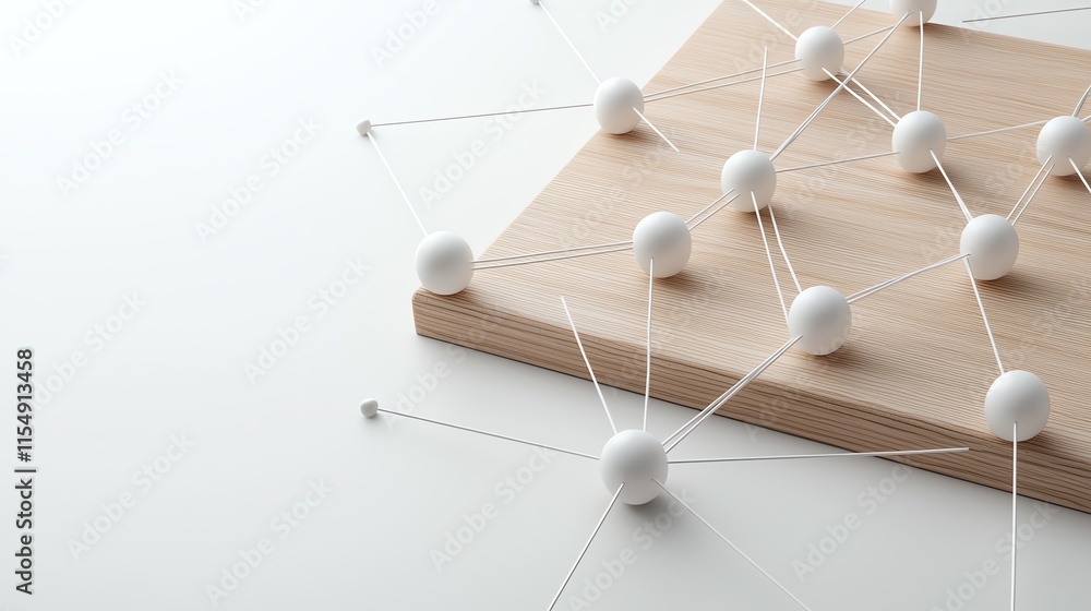 Poster abstract network of white spheres connected on wooden surface, symbolizing connection and data.