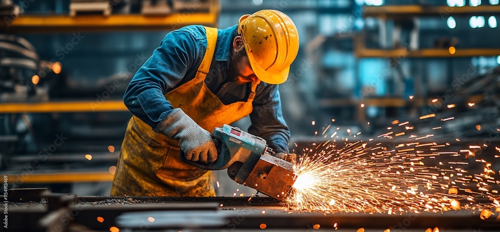 Poster worker using a power tool in an industrial setting, creating sparks.
