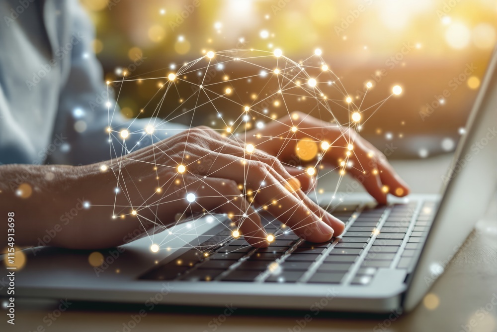 Aufkleber Hands typing on a laptop keyboard with glowing network connections in the foreground on a warm blurred background, concept of digital technology.