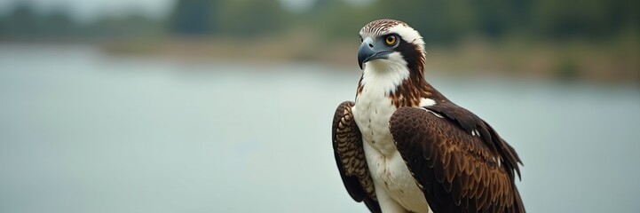 Obraz premium Majestic Osprey Standing Watch Over Still Waters With A Gaze That Commands Attention The Feathers Detailed In Rich Browns And Whites