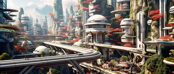 Futuristic city nestled amongst mountains and lush vegetation, showcasing advanced architecture and transportation systems.