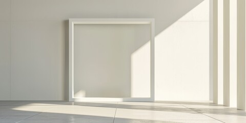 Minimalist white room interior with sunlight streaming through large window, featuring an empty frame perfect for design mockups or product displays.