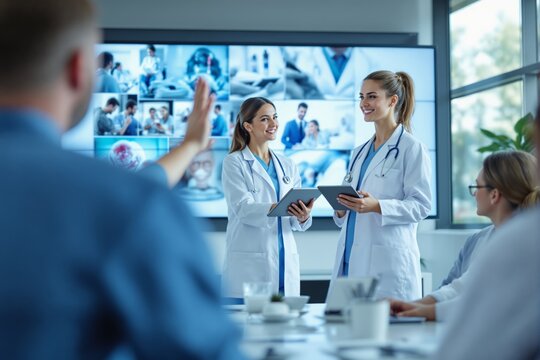 Medical professionals presenting in a business meeting with colleagues in a modern office environment.