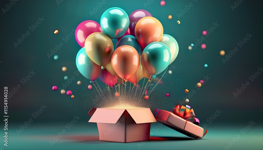 Poster a colorful array of balloons bursts forth from an open gift box, creating a festive and cheerful atm