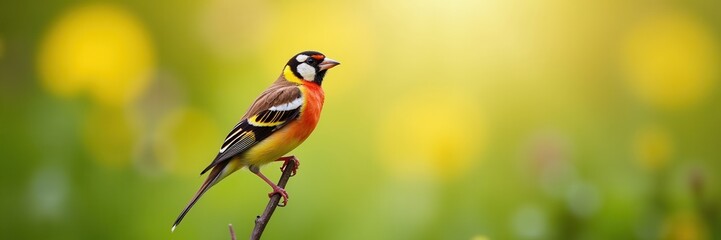 A vibrant dickcissel perches on a slender branch bathed in soft golden light amidst a blurred green and yellow backdrop showcasing the beauty of nature