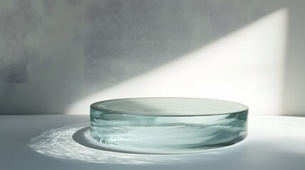 A polished glass podium reflecting soft light, against a simple white backdrop