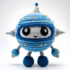 A knitted soft toy in the form of a fictional funny space hero, made of woolen threads in blue-gray tones with orange inserts. White background.