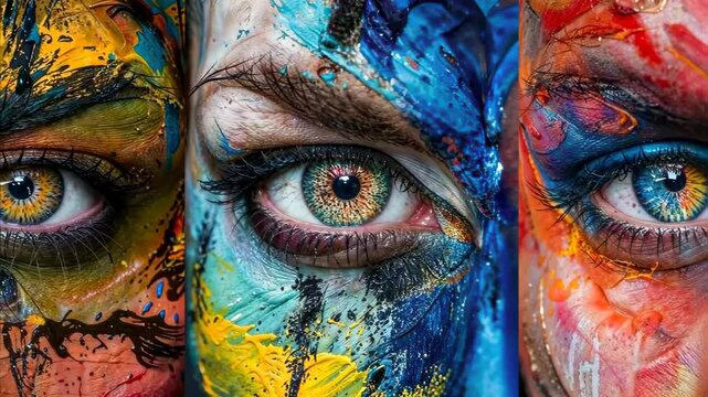 Vibrant Eyes: A captivating triptych of eyes adorned with bold, abstract paint strokes.  The image is a symphony of color and texture, exploring themes of individuality, creativity.