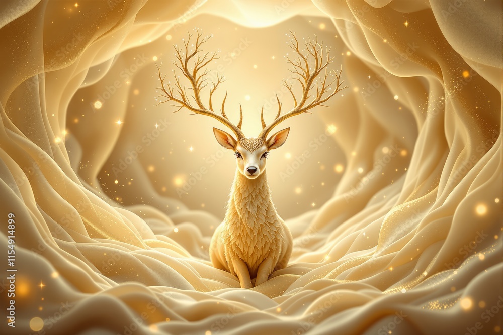 Poster Golden deer with intricate antlers surrounded by glowing abstract golden waves, creating a mystical ambiance.