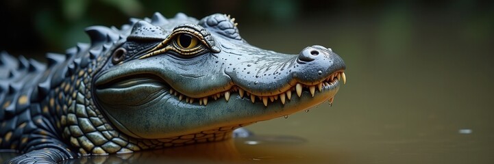 Fototapeta premium A close-up of a watchful alligator with its textured skin gleaming as it partially submerged in the murky water its yellow eyes and sharp teeth creating a captivating scene