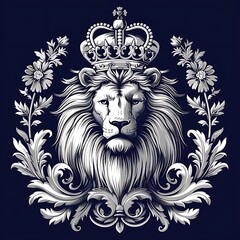 Silver lion head wearing a crown, surrounded by ornate floral details on a dark blue background.