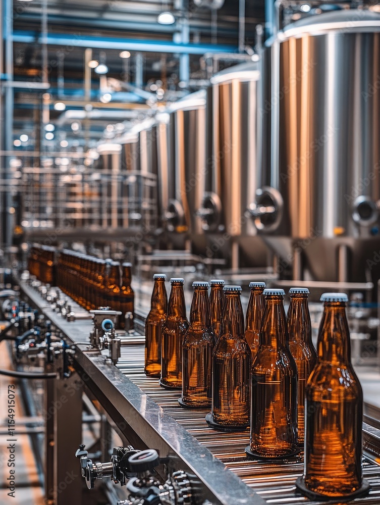 Poster bottling line in a brewery with amber bottles and large fermentation tanks in the background.
