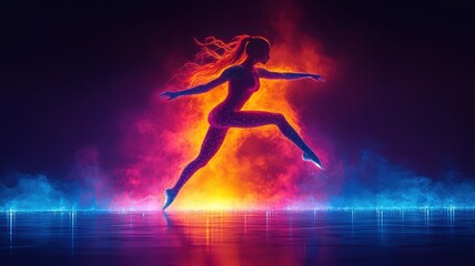 Obraz premium A silhouette of a dancer leaps against a vibrant backdrop of colorful lights and smoke, embodying movement and energy in a dynamic composition.