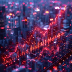 Obraz premium Futuristic cityscape with rising stock market graph.