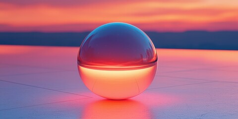 A translucent sphere emits a warm glow, set against a stunning sunset backdrop with vibrant colors blending in the sky.