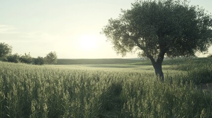 Fototapeta premium Serene Early Morning Light Over Farming Landscape
