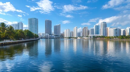 Obraz premium Miami Skyline Reflecting on Calm Water. Urban Landscape, Cityscape, Florida.