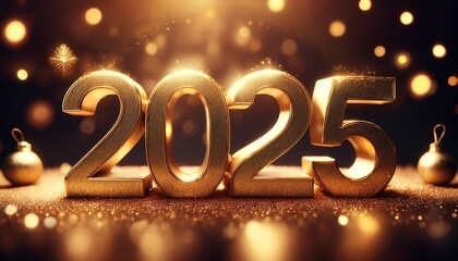 A sparkling display of the year 2025, adorned with golden lights and festive decorations, symbolizing celebration and the New Year.
