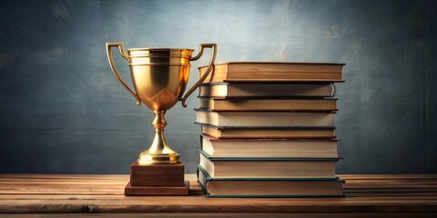 A golden trophy rests beside a stack of old books on a wooden surface, symbolizing academic achievement and the pursuit of knowledge.