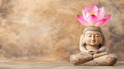 Lotus flowers and Buddha statues, symbolizing enlightenment, peace, and spirituality, depicted in bright colors, reflecting the serene and sacred beauty of Buddhist art and culture, with an emphasis o