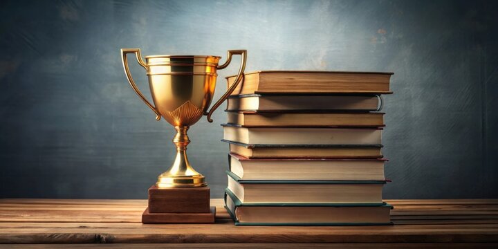 A golden trophy rests beside a stack of old books on a wooden surface, symbolizing academic achievement and the pursuit of knowledge.