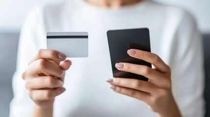 Smiling young woman using a smartphone and credit card for online shopping at home Engaged in mobile banking and internet purchases with ease