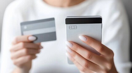 Fototapeta premium Smiling young woman using a smartphone and credit card for online shopping at home Engaged in mobile banking and internet purchases with ease