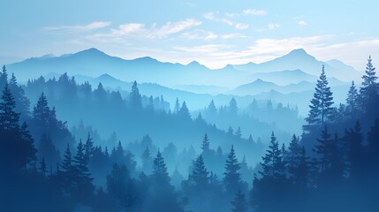 Mountain view with misty forest layers in the morning