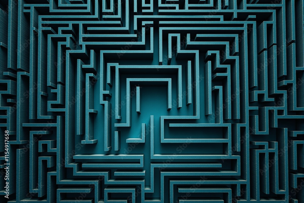 Poster abstract maze design with textured teal walls and a geometric arrangement.