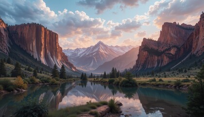 Serene Mountain Valley Sunset Reflection Landscape