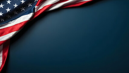 A close-up of a draped American flag, exhibiting its vibrant red, white, and blue colors against a simple, dark navy blue backdrop. Folded American Flag against a dark blue background